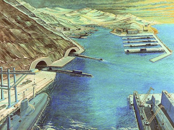 Click to enlarge Soviet ballistic missile sub base, artist's rendering by the DIA