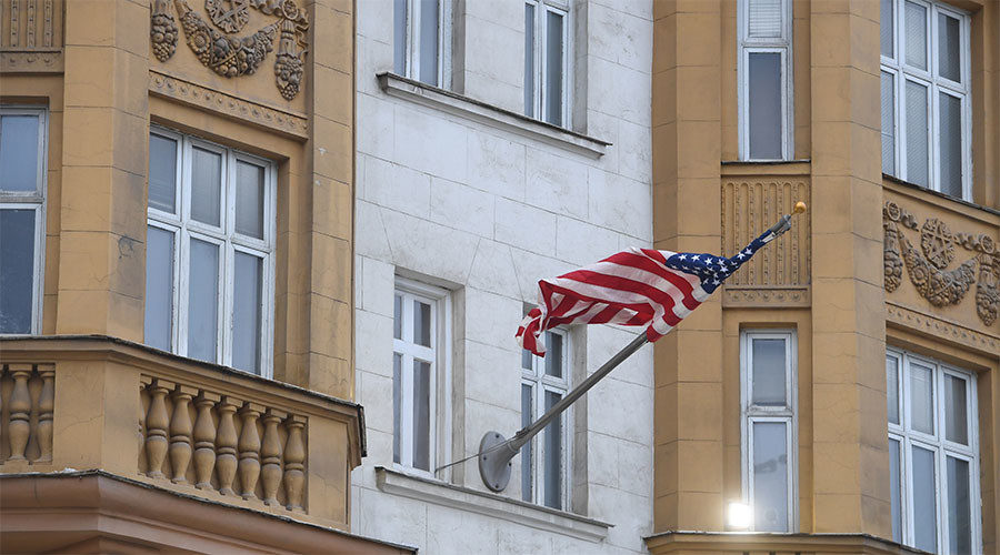 The US national flag on the front of the US Embassy building in Moscow