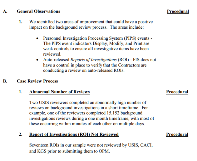 Portion of the Inspector General’s Finding on OPM Fraud on security clearances