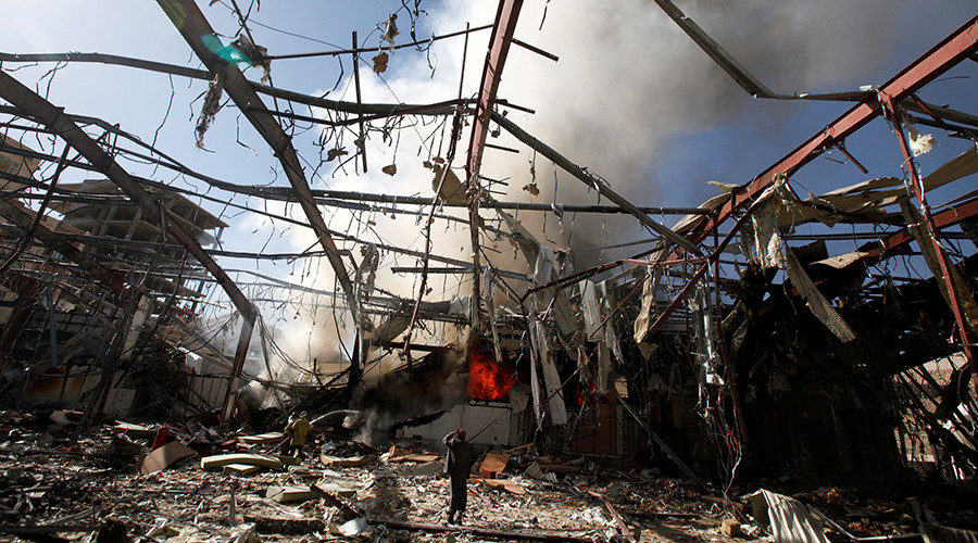 Smoke rises at a community hall where Saudi-led warplanes struck a funeral in Sanaa, Yemen, October 9, 2016