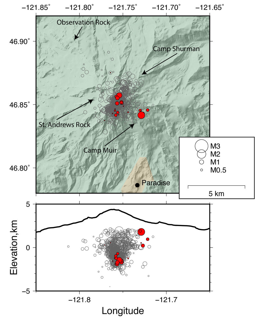 Click to enlarge historical earthquakes at Mount Rainier