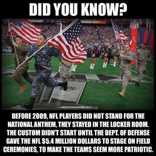 Love your country! NFL players only began standing for National Anthem in 2009 (after the Pentagon paid $millions)