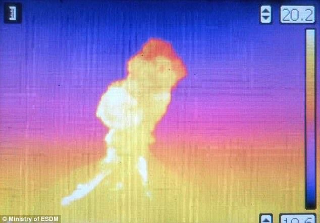 A thermal image of Sinabung's eruption on Wednesday afternoon