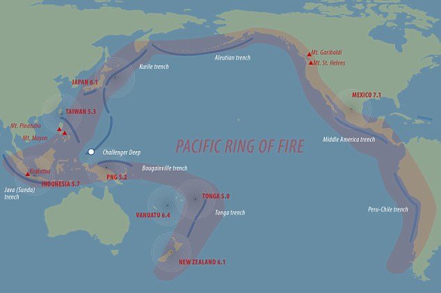 Click to enlarge Sinabung is located on the 'Ring of Fire', a volatile zone of seismic activity with hundreds of active volcanoes and 90 per cent of the world's earthquakes