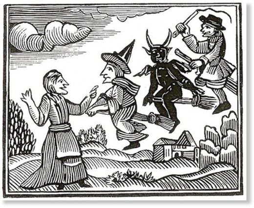 17th-century woodcut of witches in flight