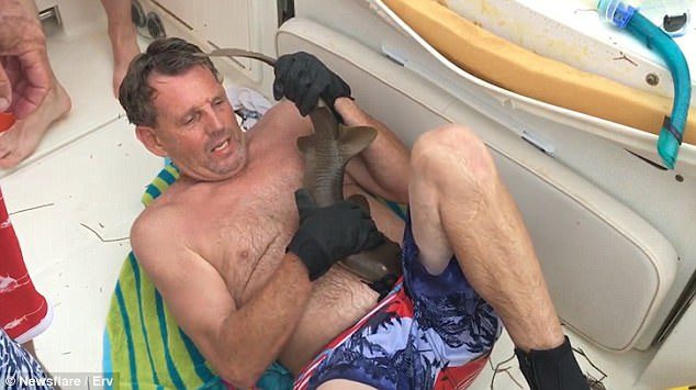 Ervin Maccarty emerges from the water with a small shark attached to his stomach. It really doesn't want to let go