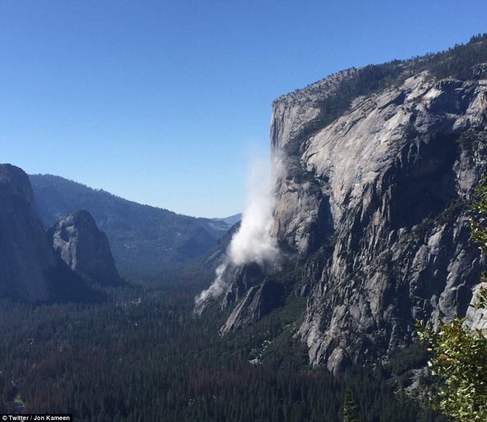 Click to enlarge An onlooker across the valley captured this image of the rock fall from across the valley on Wednesday