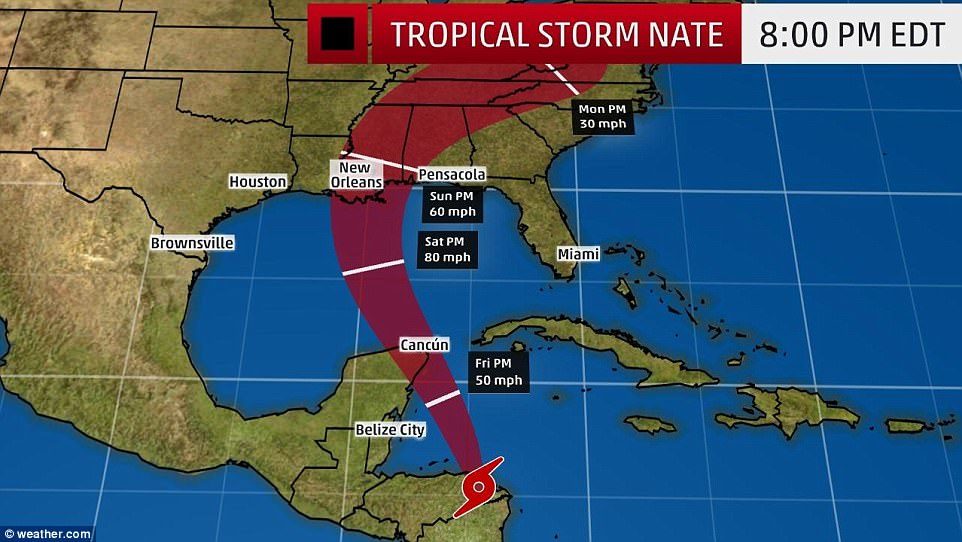 Nate, which had maximum sustained winds of 40 mph, was expected to move across northeastern Nicaragua and eastern Honduras on Thursday and enter the northwestern Caribbean Sea Thursday night