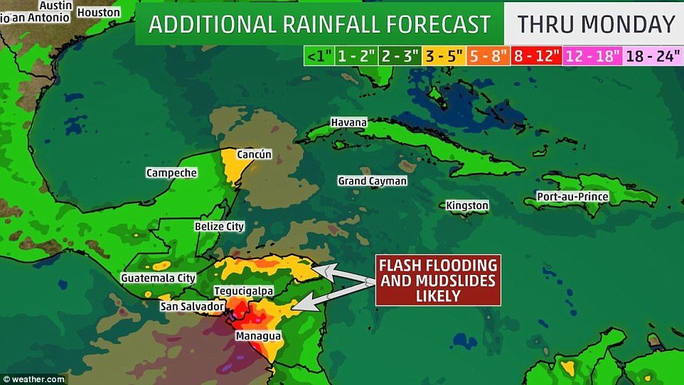 Nate will dump 15 to 20 inches of rain over Nicaragua, and both Costa Rica and Panama were to get 5 to 10 inches of rain and 20 inches in some isolated areas, the NHC said