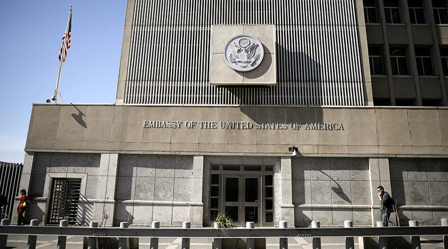 The front of the US embassy is seen in Tel Aviv, Israel