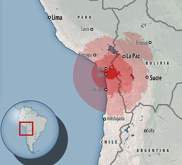 The epicenter was 45 miles (73 kilometers) east of the port city of Arica, and 54 miles (87 kilometers) southeast of the larger Peruvian city of Tacna