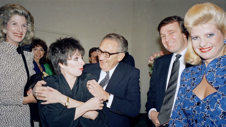 Henry Kissinger and Nancy Kissinger, Donald Trump and wife Ivana Trump backstage at a Liza Minelli show