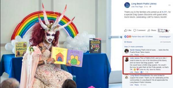 Satanic looking drag queen with horns reads to little kids