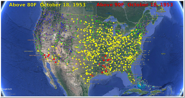 Average temperatures October 18th 1953 USA
