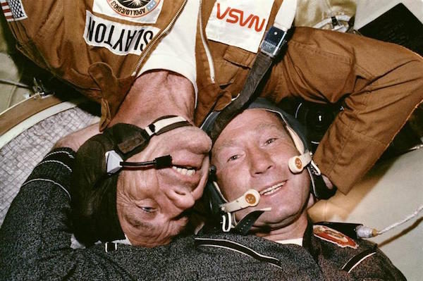 Click to enlarge Slayton (left) and Leonov on Apollo-Soyuz Test Project.