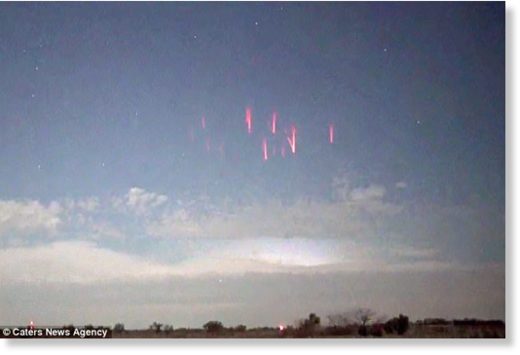 The extraordinary weather occurrence appears as jellyfish-shaped clusters of bright red light, and is caused by electrical bursts of light above highly active thunderstorms