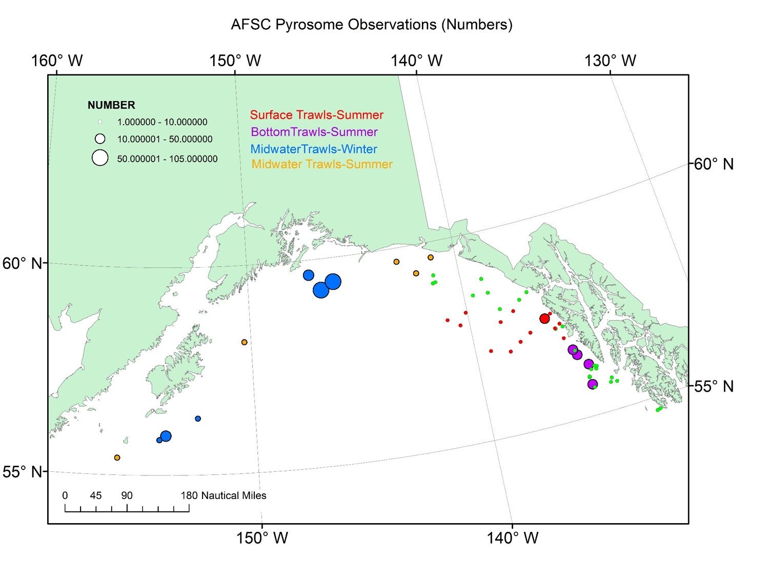 Click to enlarge Pyrosomes caught off the coast of Alaska map