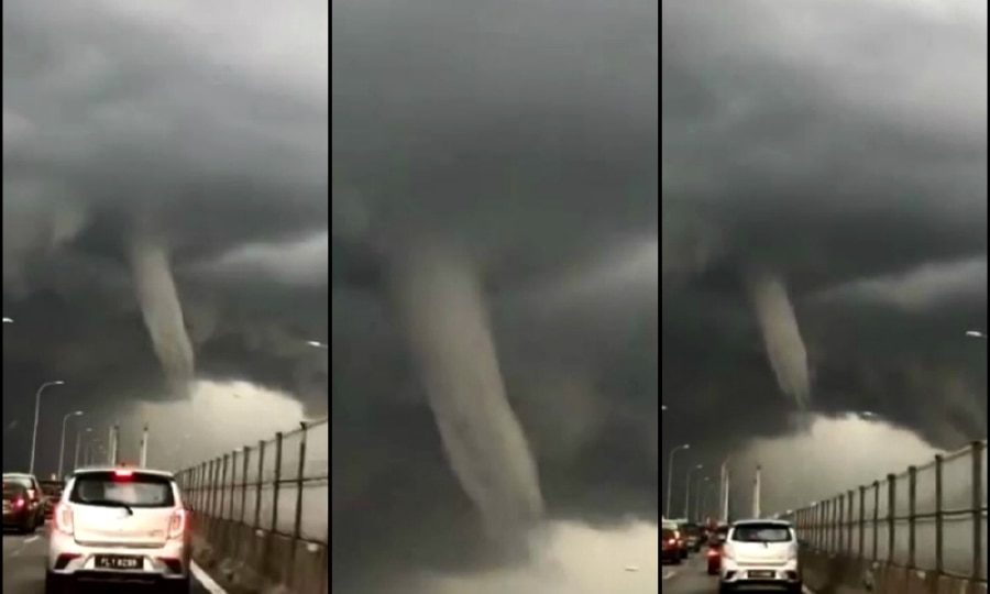 A videograb showing the waterspout near the Penang Bridge.