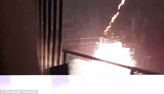 The lightning strike caused sparks to fly only centimetres from an outdoor table on the balcony