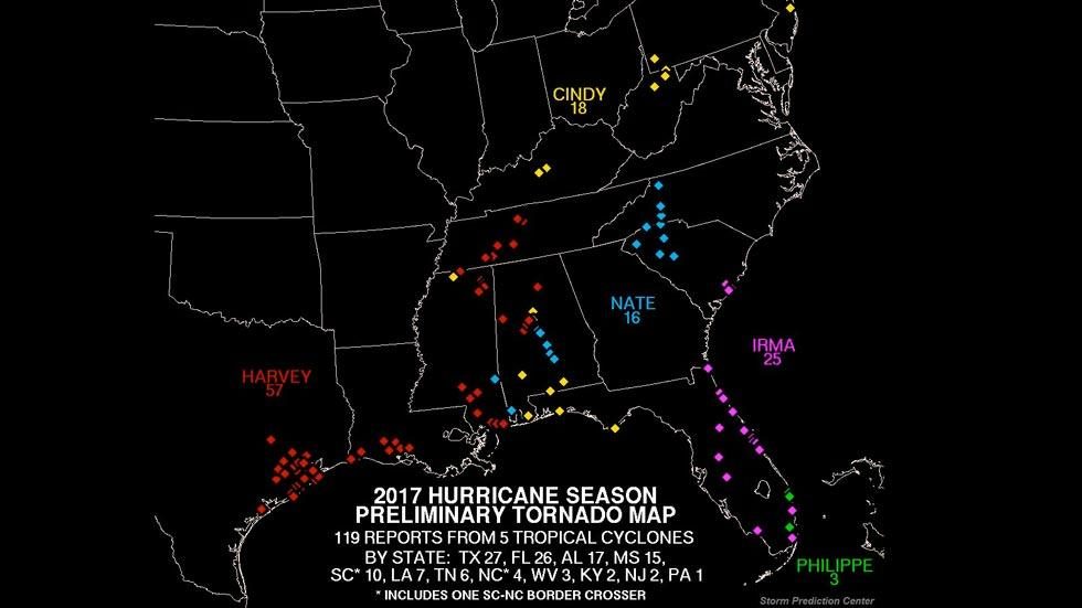 Click to enlarge 2017 tornado map for US