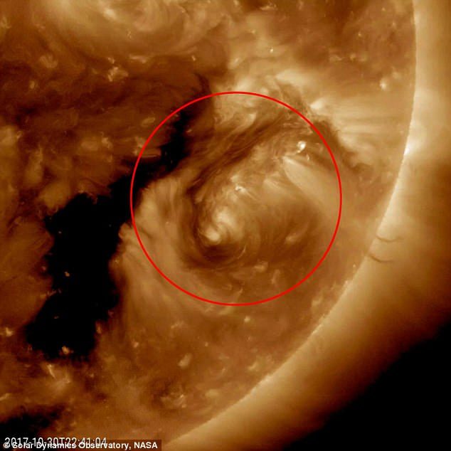 NASA spots a 7,000mph whirlpool of plasma on the surface of the sun in rare anomaly caused by its huge gravitational pull