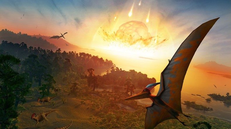Artwork depicting extinction of dinosaurs.