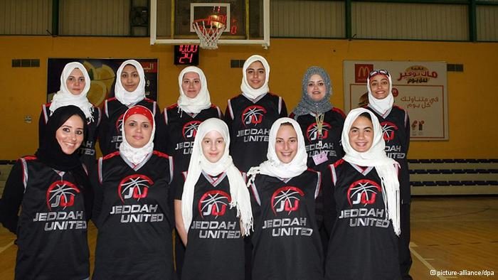 Click to enlarge Jeddah United team pose for a photo before their match with Sadad in the first women's basketball tournament