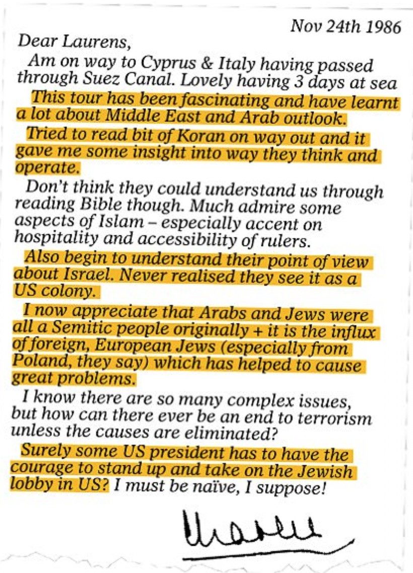 Click to enlarge Prince Charles 1986 letter Israel lobby