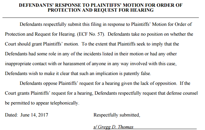 Defendants’ Response to Plaintiffs’ Motion for Order of Protection and Request for Hearing