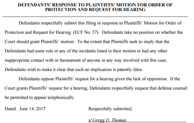 Click to enlarge Defendants’ Response to Plaintiffs’ Motion for Order of Protection and Request for Hearing