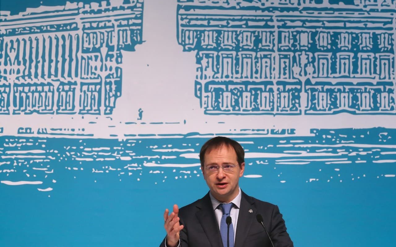 Click to enlarge Culture minister Vladimir Medinsky speaks at an international cultural forum at the State Hermitage Museum on Thursday Crimea Gold Museum Amsterdam
