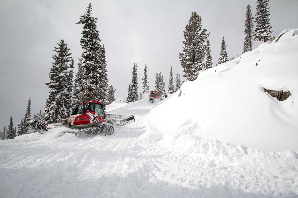 Jackson Hole Mountain Resort groomers carve a traverse under a heavy layer of new snow.