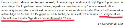 Click to enlarge Excerpt from a French newspaper stating that in Spain and in the US age of consent is 12-year old