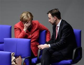 Click to enlarge German Chancellor Angela Merkel (L) of the Christian Democratic Union (CDU) and the chair of the CDU youth organization 'Junge Union' (JU) on Nov. 21, 2017. Clemens Bilan / EPA