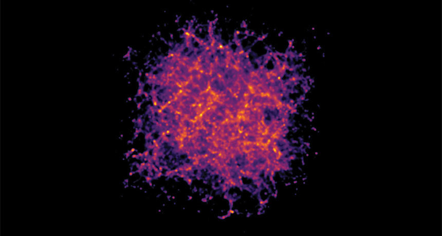 Click to enlarge SPECKLED SPACETIME A lumpy universe, recently simulated using general relativity, shows clumps of matter (pink and yellow) that beget stars and galaxies.