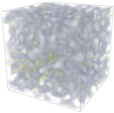 Click to enlarge Lumps (gray) within this simulated universe change the path light takes (yellow lines), potentially affecting observations. Matter bends space, slightly altering the light's trajectory from that in a smooth universe.