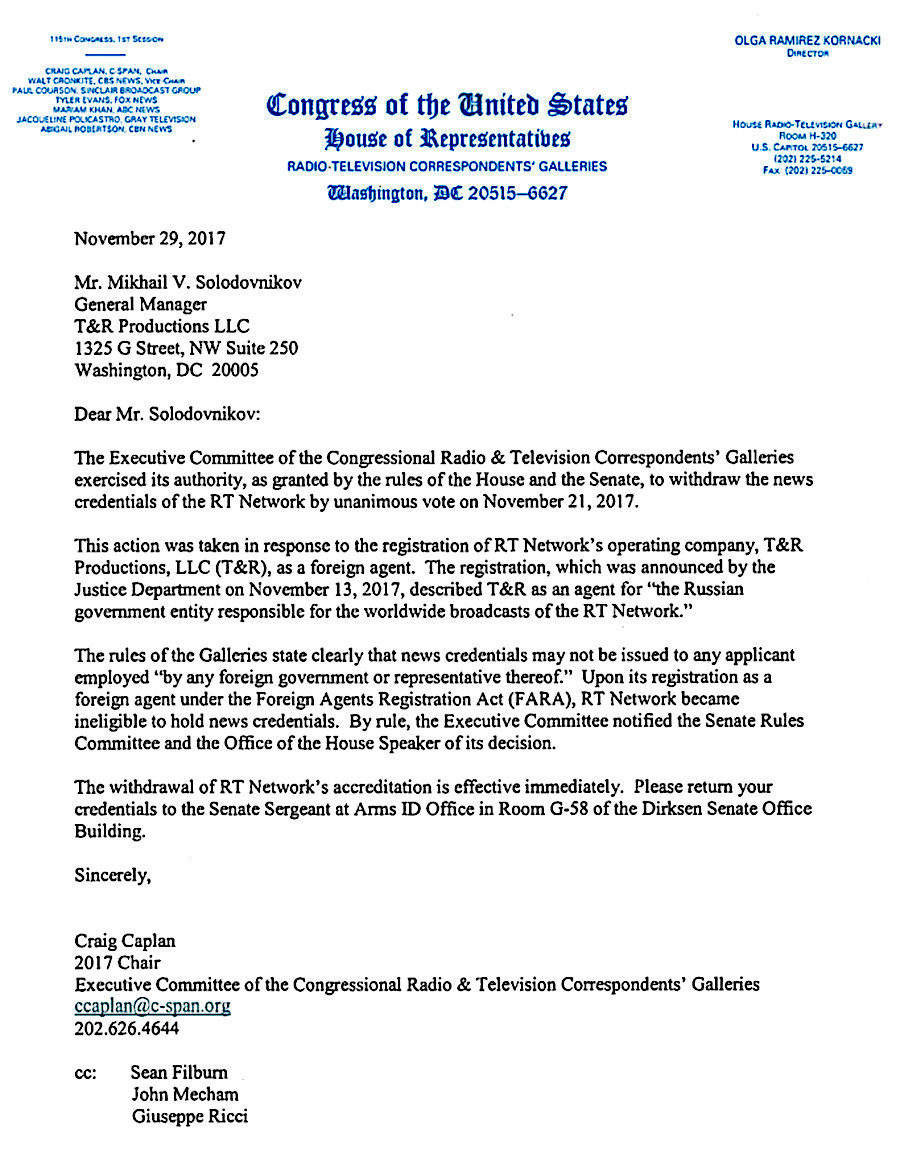 RT America Stripped Of Congress Credentials State Department Says FARA 