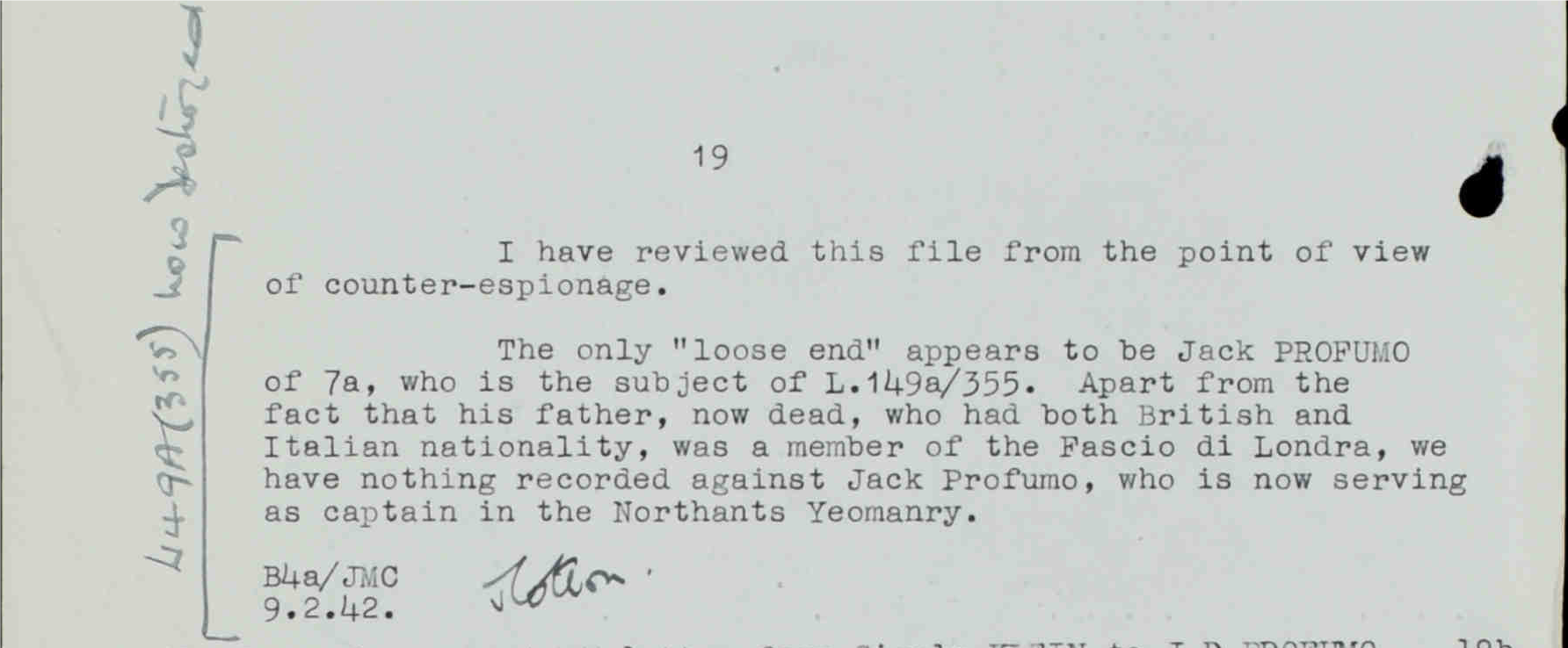Mention of Profumo's father as a member of Italian Fascist Party