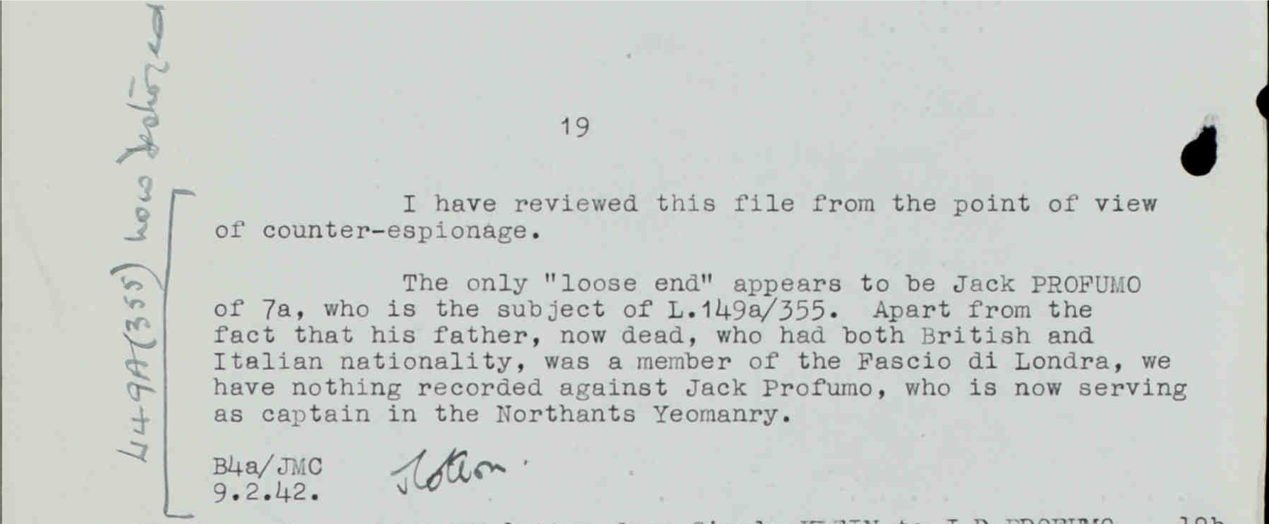 Click to enlarge Mention of Profumo's father as a member of Italian Fascist Party
