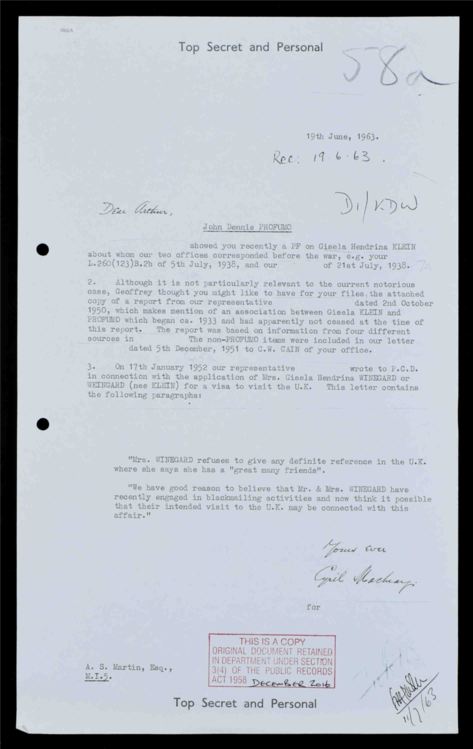Crown Copyright National Archives MI6 report on Profumo soon after his resignation.