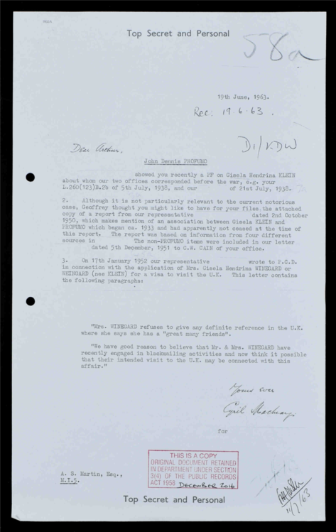 Click to enlarge Crown Copyright National Archives MI6 report on Profumo soon after his resignation.