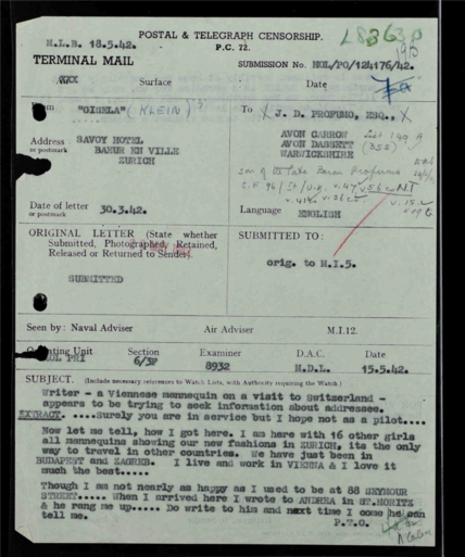 Click to enlarge Crown Copyright National Archives One of Klein’s wartime letters to Profumo