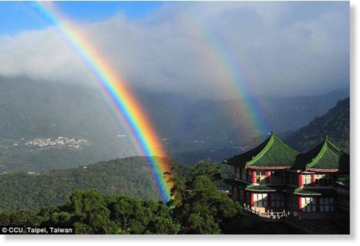 A rainbow appeared near Chinese Culture University in Taiwan for almost nine hours yesterday