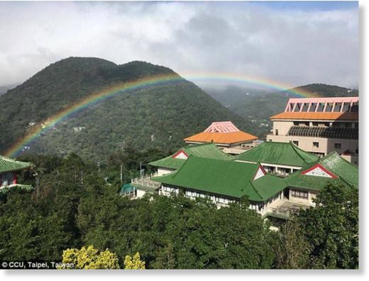 The arc of the rainbow spread across the university campus from 7am to 4pm