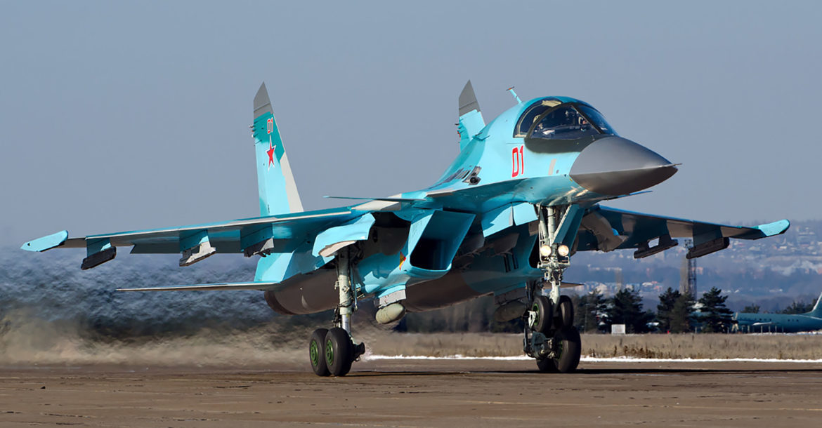 Click to enlarge A Russian Sukhoi Su-34 fighter-bomber takes off. Image: Alex Beltyukov/Wikimedia/CC BY-SA 3.0