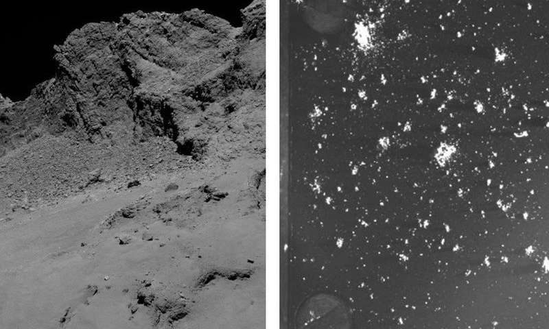 Left: The surface of Rosetta’s comet. As the comet approaches the Sun