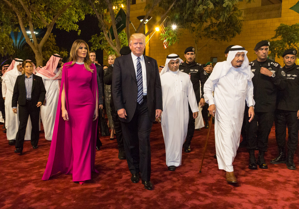 Click to enlarge Donald and Melania Trump arrive at the Murabba Palace, escorted by King Salman bin Abdulaziz Al Saud of Saudi Arabia, on May 20, 2017