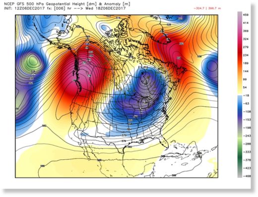 Click to enlarge The North American Winter Dipole Pattern with a large ridge of high pressure in the Western U.S., and deep trough in the Eastern U.S., which aided in the formation of the atmospheric river on Wednesday.