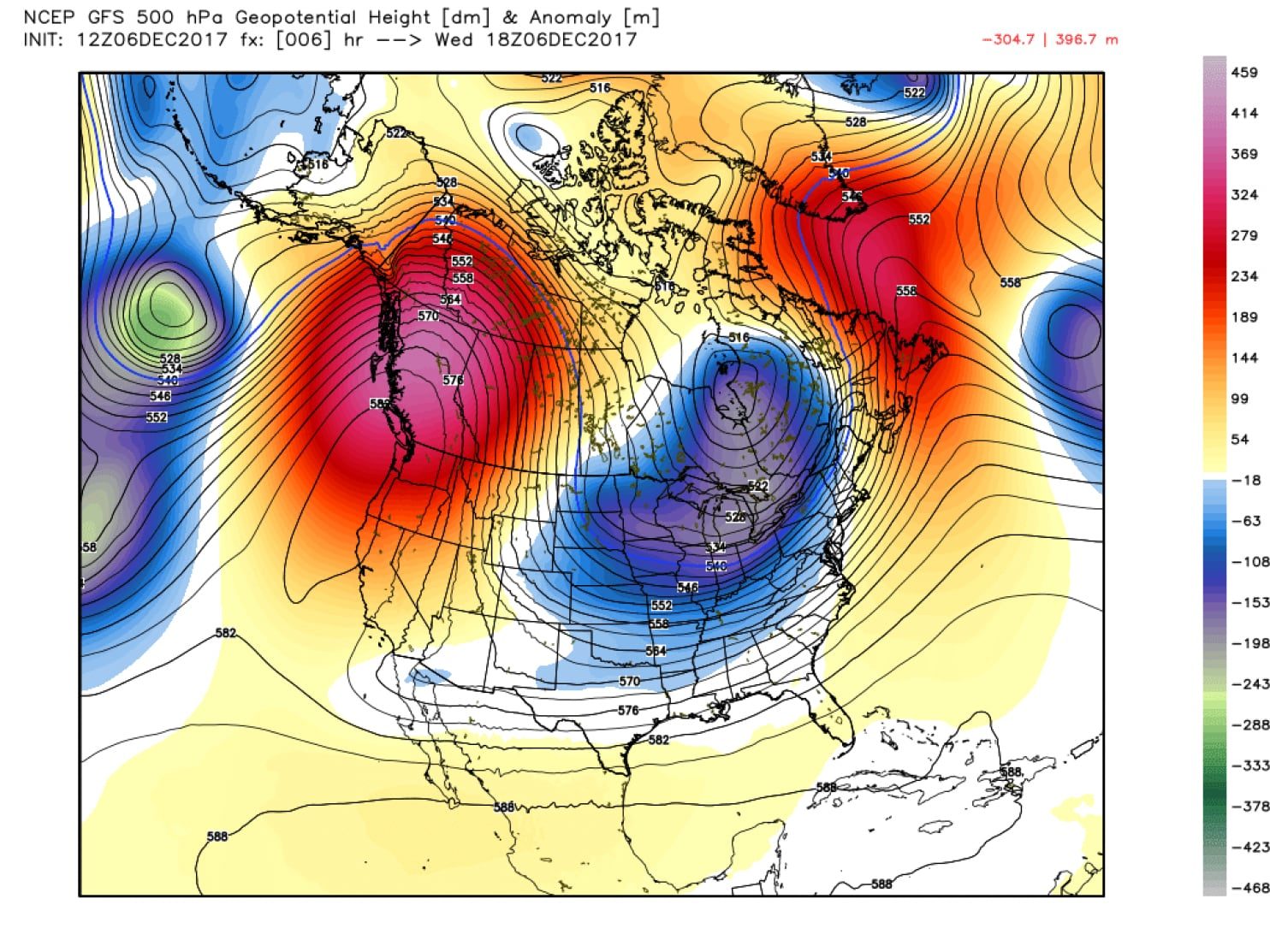 Click to enlarge The North American Winter Dipole Pattern with a large ridge of high pressure in the Western U.S., and deep trough in the Eastern U.S., which aided in the formation of the atmospheric river on Wednesday.
