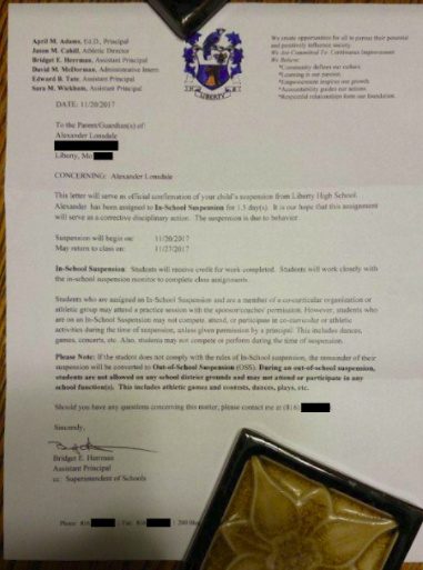 school letter disciplinary action Missouri Muslim student debate